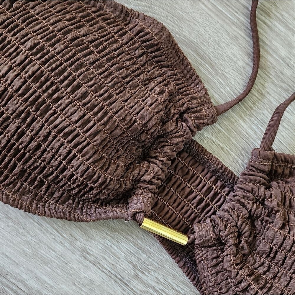 SweatyRocks Women's 2 Piece brown Ribbed Tie Side Halter Bikini Swimsuit Medium - Picture 7 of 10